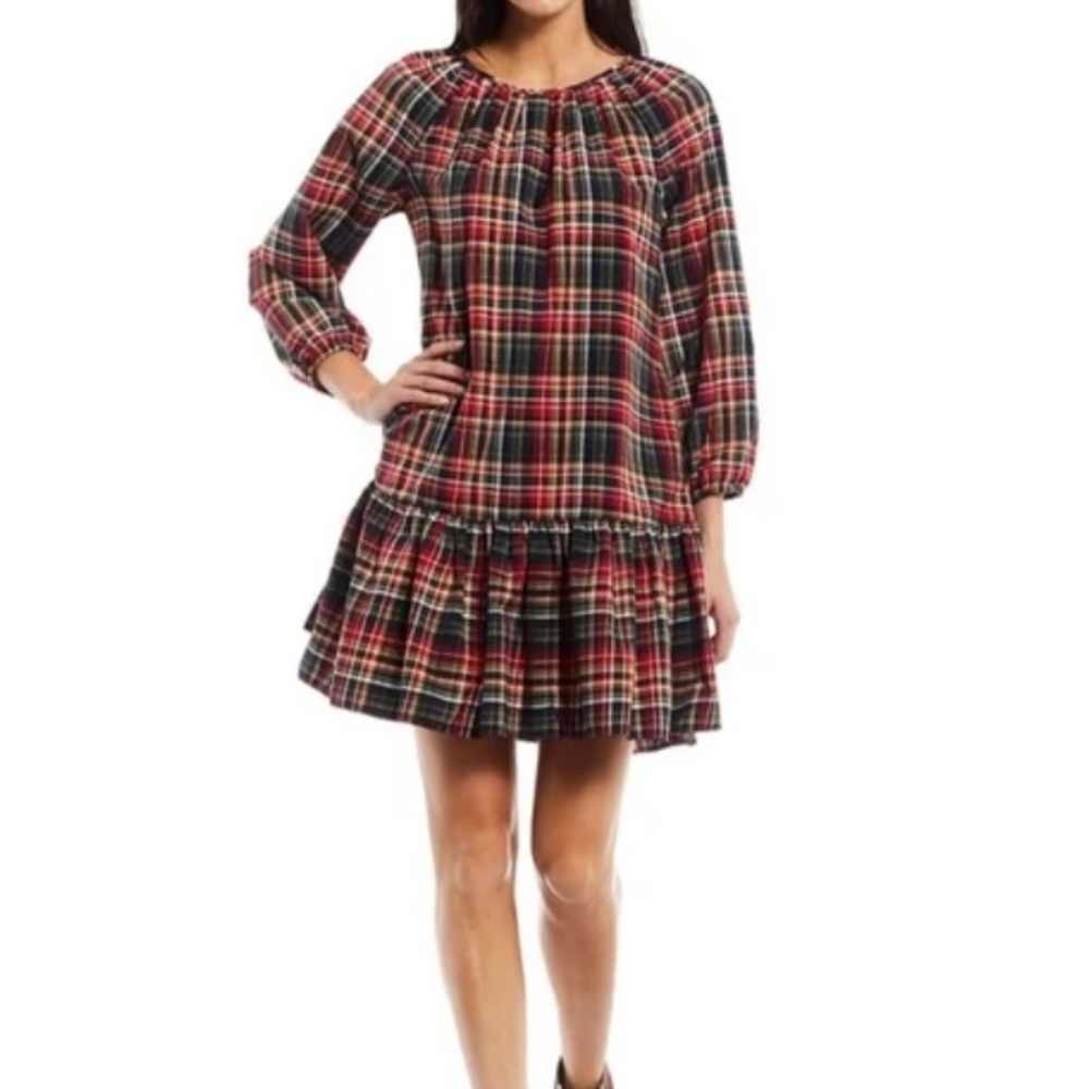 LDT Rachel Plaid Round Neck 3/4 Puff Sleeve Ruffled Poof Waistless Dress